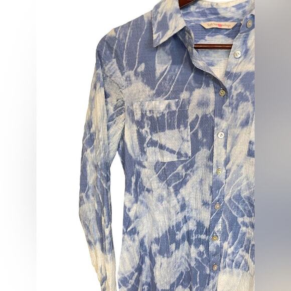 SOFT SURROUNDINGS Blue/White Tie Dye Seika Button Collared Blouse Sz XSmall EUC - Picture 5 of 10